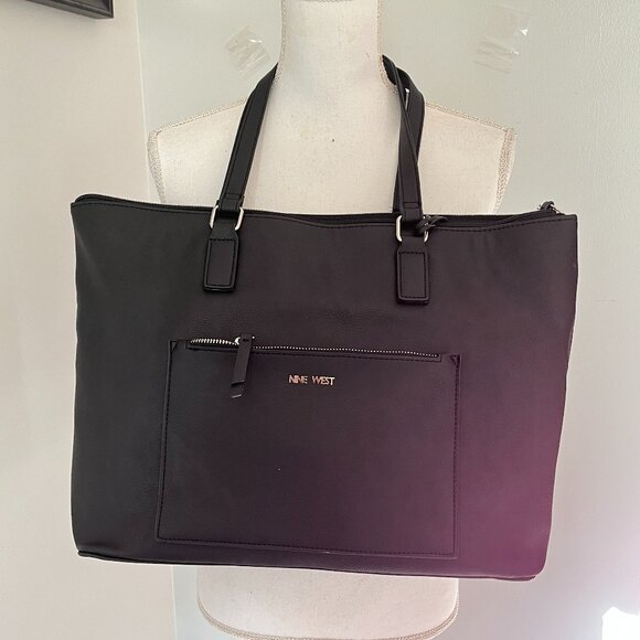 Nine West Leather Vegan Black Large Tote Shoulder Bag Travel Commute - Picture 1 of 8